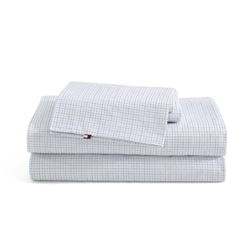 Tommy Hilfiger - Sheet Set, Cotton Percale Bedding with Matching Pillowcases, Crisp & Cool, Premium Quality Home Essentials (New England Plaid Blue, Twin XL)