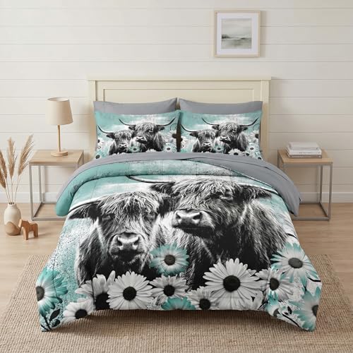 WeCozy 7 Pcs Full Size Comforter Set with 2 Pillowcases & 2 Shams, Highland Cow Animal Bedding Set for Kids and Adults, Buffalo Bull Farm Daisy Bed in a Bag with Flat Sheet and Fitted Sheet