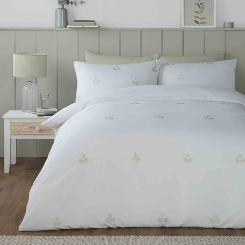Serene - Leaf Embroidery Duvet Cover - King Bedding Size (230 x 220cm) - 2 Pillowcases - Sustainable Recycled Polyester - White Bedding with Leaf - Floral Embroidered Duvet Cover - Green/White