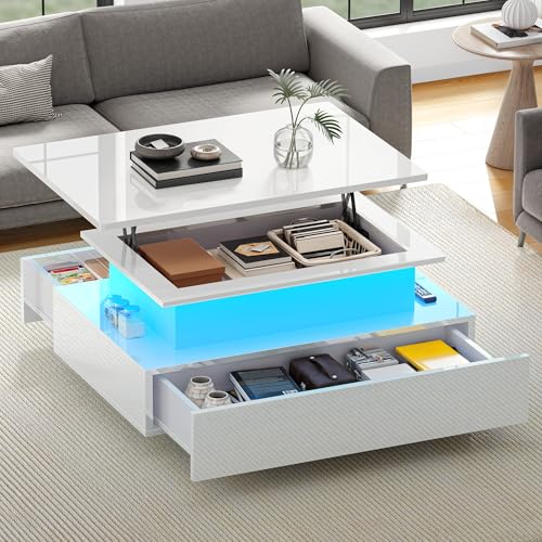 DWVO High Gloss Coffee Table with Drawer, 16 Colour LED, White
