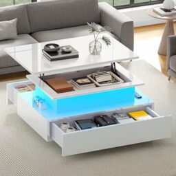 DWVO High Gloss Coffee Table with Drawer, 16 Colour LED, White