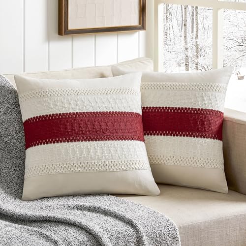 ZeeMart 2 Pack Boho Throw Pillow Covers, Contrast Red 16x16in - Soft Breathable Cotton, Farmhouse Decorative Couch Pillow Cases, Cushion Covers for Sofa Bed Living Room Home Decor
