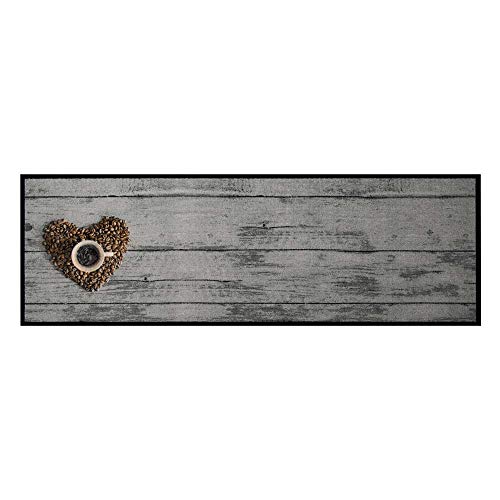 Zala Living Cook & Clean Runner - Non-Slip Rug Runner Flat Weave Short Pile Rug Kitchen Rug Washable Kitchen Runner Coffee Bean Love for Hallway, Kitchen, Living Room - Grey Brown, 50 x 150 cm