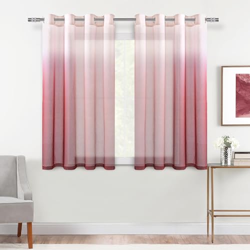 DWCN Ombre Sheer Curtains - Faux Linen Gradient Semi Voile Grommet Top Drapes Bedroom and Living Room Curtains, Set of 2 Window Curtain Panels, 52 x 54 Inch Length, Burgundy