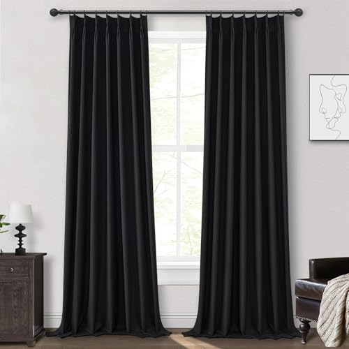 Long Black Blackout Boho Curtains, Linen Darkening Curtains for Bedroom/Nursery 102 Inches Long 2 Panels Pinch Pleated Drapes for 103 Inch Large Window Aesthetic Thermal Insulated 40x102 Inch