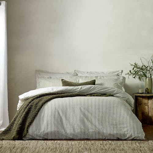 furn. Yard Hebden 100% Cotton Stripe Duvet Cover Set – Reversible Striped Bedding (Olive, King)