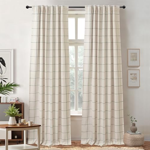 DriftAway 2 Panels 100% Blackout Windowpane Plaid Linen Curtains Double Layer Drapes for Bedroom 96 Inches Long Farmhouse Thermal Insulated 3.25 Inch Rod Pocket Back Tab for Living Room Loden Green