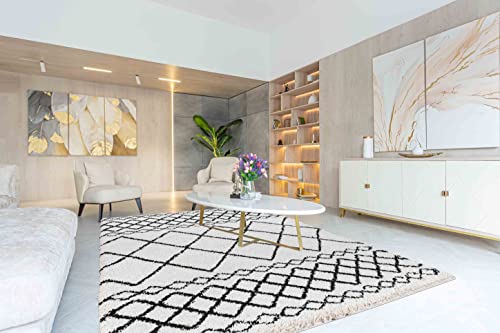 Moroccan Berber Geometric Shaggy Living Room Area Rug, Stone, 120x170cm