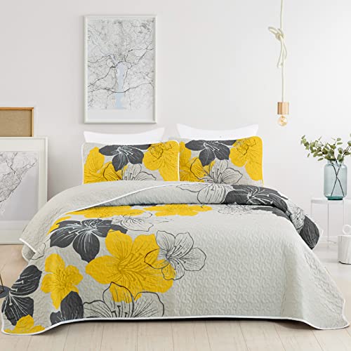 "DJY 3 Pieces Quilt Set King Yellow Floral Pattern Quilt Coverlet Elegant Boho Bedspread with 2 Pillow Shams Soft Lightweight Microfiber Bedding Quilt Set for Adults Teens 104""x90"""