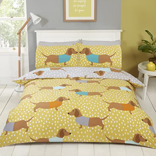 Rapport Home Dolly Daschund Sausage Dog Reversible Duvet Cover Set Single, Ochre