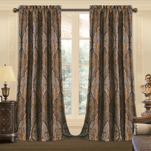 Loom and Mill Luxury Jacquard Curtains for Bedroom, Classic Antique Lined Damask Curtains 2 Panels with Tiebacks, Bronze Gold Window Curtain for Living Room Holiday Banquet Decor(52Wx108L, 2 Panels)
