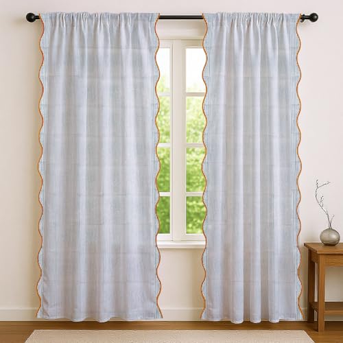 Ridhi Blue Stripe Set of 2 Floral Cotton Scallop Curtains 84-Inch Pocket for The Rod Semi-Sheer Drapes for Living Room & Bedroom, Floral Patterned Farmhouse Boho French Country Window Panels
