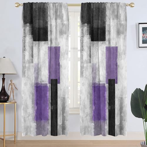 "AAtter Purple and Black Window Curtains, Extra Long 42"" W x 84"" L, 2 Panels - Abstract Plum with Grey Checkered, Tall Living Dining Room Rod Pocket Drapes, Modern Geometric Plaid, Neutral Cool Trendy"
