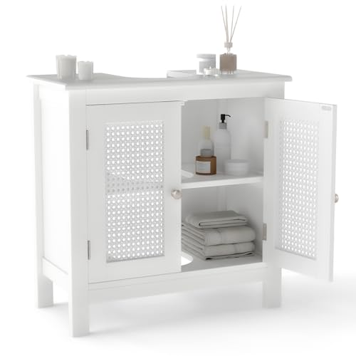 RELAX4LIFE Under Sink Bathroom Cabinet, Freestanding Wooden Storage Cupboard Basin Unit with 2 Doors and Shelf, Modern Vanity Basin Sink Cabinet and Storage Unit Basin (Rattan Door)