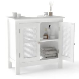 RELAX4LIFE Under Sink Bathroom Cabinet, Freestanding Wooden Storage Cupboard Basin Unit with 2 Doors and Shelf, Modern Vanity Basin Sink Cabinet and Storage Unit Basin (Rattan Door)