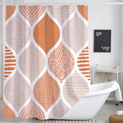 Orange and Grey Shower Curtain, Burnt Orange Retro Bohemian Geometric Fabric Shower Curtains Set for Bathroom Decorative, Boho Modern Abstract Paisley Restroom Decor Accessories with Hooks 72X72 Inch