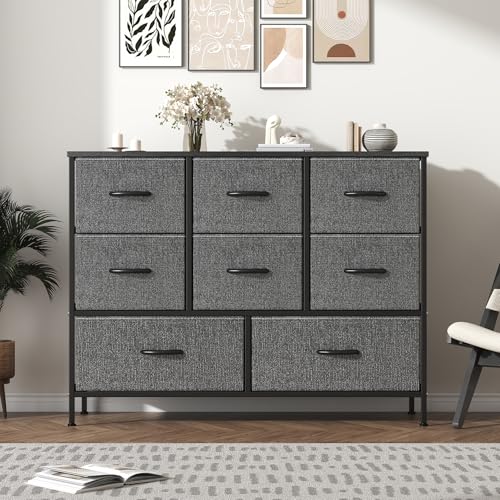 Feonase Chest of Drawers,Bedroom Dresser with 8 Fabric Drawers, Metal Frame & MDF Wood Top, Adjustable Feet, Storage Organizer Unit for Bedroom, Closet, Living Room, Office Hallway, Deep Grey