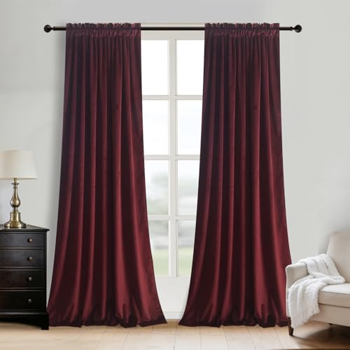 Roslynwood Velvet Ruby Wine Curtain 84 inch Length - Curtains Block Light Rod Pocket Thermal Insulated Window Drapes Set for Living Room/Bedroom/Dining Room, W52 x L84, 2 Panels