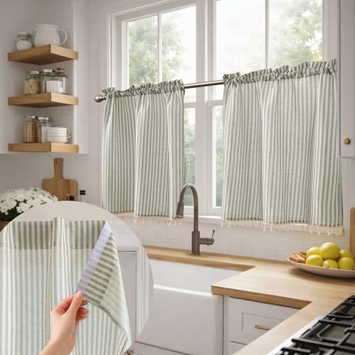 Jilron No Drill Farmhouse Modern Cafe Style Striped Linen Kitchen Curtains with Tassels ??? Airy Light Filtering Tier Curtains with Rod Pocket for Living Room-Green Stripes(W 34*L 24in-2-Panel)
