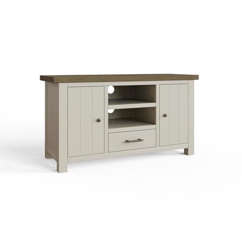 FWStyle Reclaimed Pine TV Entertainment Unit in a Rustic Farmhouse Driftwood and Truffle Finish.Ready Assembled.