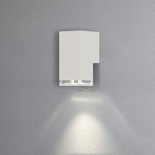 Konstsmide Handmade Outdoor Wall Light Mains Powered/Pollux Single Down Modern Lantern/1x7 Watt Max GU10 Lamp/Clear Acrylic Glass Lens/Aluminium/IP44/White Outside Light