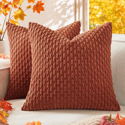 Kevin Textile Fall Throw Pillow Covers Soft Corduroy Decorative Set of 2 Boho Striped Pillow Covers Pillowcases Farmhouse Home Decor for Couch Bed Sofa Living Room 18x18 Inch Rust Brown