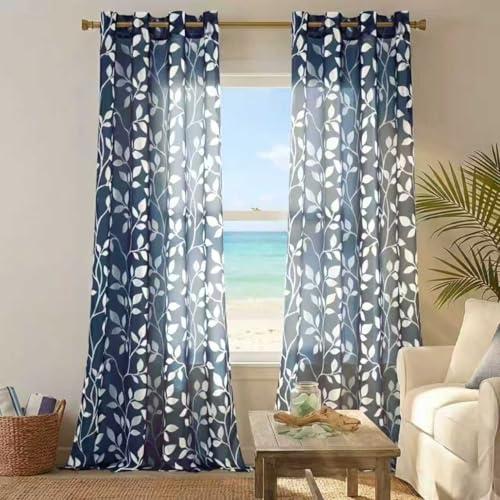 XTMYI Blue Curtains 108 Inches Long for Living Room Set of 2 Grommet Top Semi Sheer Leaf Printed Design Patterned Extra Long Curtains for Bedroom Wide 52x108 Inch Length Dark Navy and White