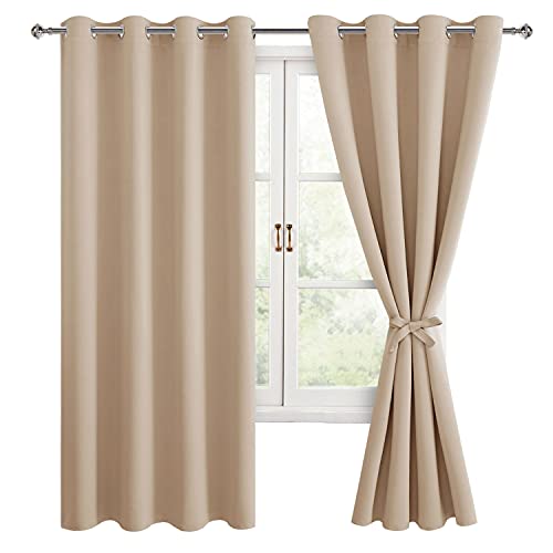 Hiasan Blackout Curtains for Bedroom, 52 x 63 Inches Length - Thermal Insulated & Light Blocking Window Curtains for Living Room/Kids Room, 2 Drape Panels Sewn with Tiebacks, Beige