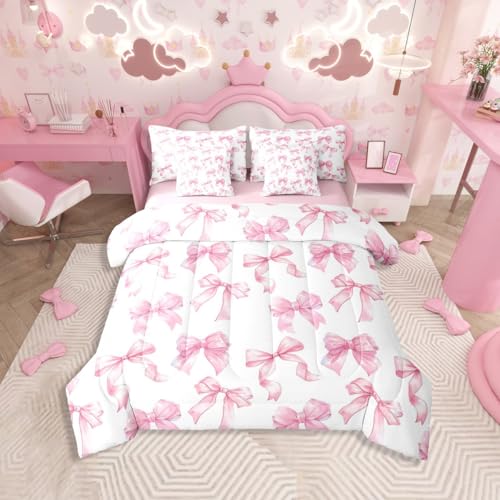 Erosebridal Cute Pink Bow Bedding Set for Girls,Dreamy Coquette Bowknot Queen Comforter Set 7 Piece Girly Princess Style Bed in A Bag with Sheets Cute Kawaii Pink Bow Bed Set for Kids Teen Women