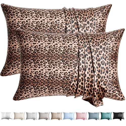 WLOSJ100% Silk Pillow Cases 2 Pack Queen Size Mulberry Silk Pillowcase for Hair and Skin Set of 2 Highest Grade 6A Silk Soft Breathable Cooling with Hidden Zipper, Leopard
