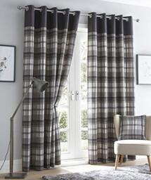 "Portfolio Curtains Portfolio Orleans Check Striped Fully Lined Eyelet Ring Top Curtains-Charcoal Grey Wide, Polyester, 46"" width x 72"" drop"