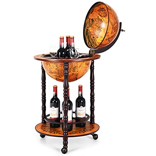 COSTWAY Globe Bar on Wheels, Bar Trolley Retro Serving Trolley Wooden Wine Stand, 2 Levels Home Bar, Wine Rack for Spirits, Drinks