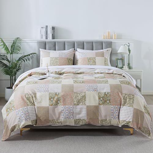 HoneiLife Duvet Dover Queen Size - 100% Cotton Comforter Cover, Checkered Bedlinen Set with Zipper Closure & Corner Ties, 3-PC Rustic Comforter Cover Sets