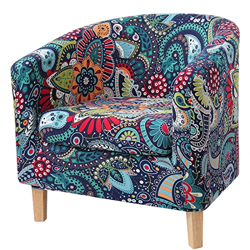 hyha 2 Pieces Printed Tub Chair Slipover with Cushion Cover, Removable Stretch Club Chair Cover for IKEA Tullsta, Armchair Cover Furniture Protector for Living Room,Blue Green
