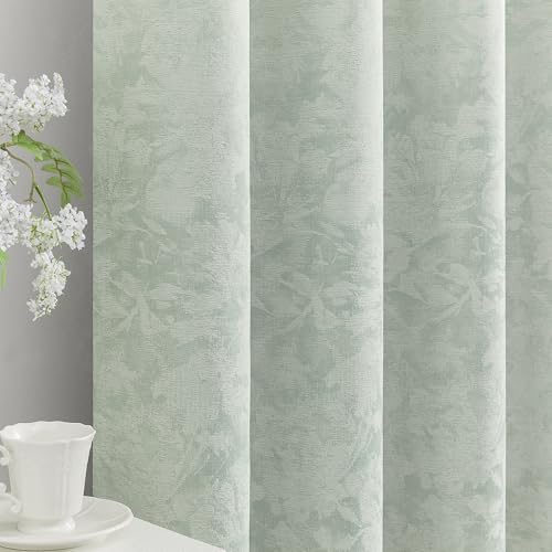 Beauoop Green Floral Jacquard Blackout Curtains 96 Inches Long 2 Panels for Bedroom Living Room Sage Flower Chenille Room Darkening Thermal Insulated Soundproof Grommet Window Treatments Drapes, 52x96