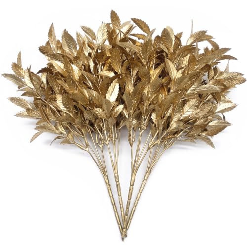 PASYOU Artificial Plants for Christmas Decor, Plastic Grass Fake Shrubs Simulation Leaves Indoor Outdoor Home Garden Planter Filler Party Hotel Verandah Wedding Faux DIY Decoration - Gold 4 Pack