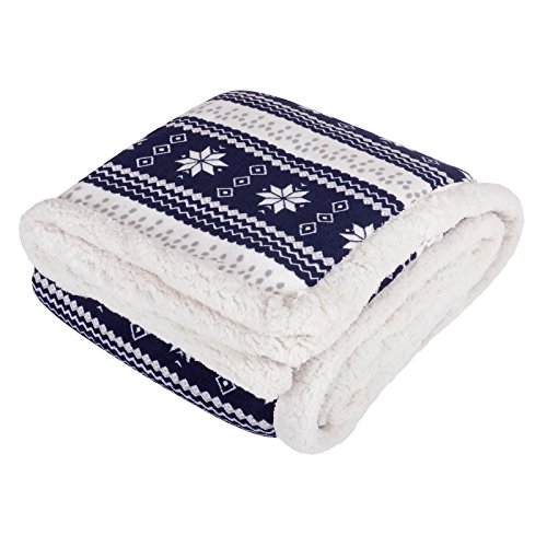 Navy Snowflake Design Luxury Fleece Blanket Soft Sherpa Sofa Bed Throw 150x200cm