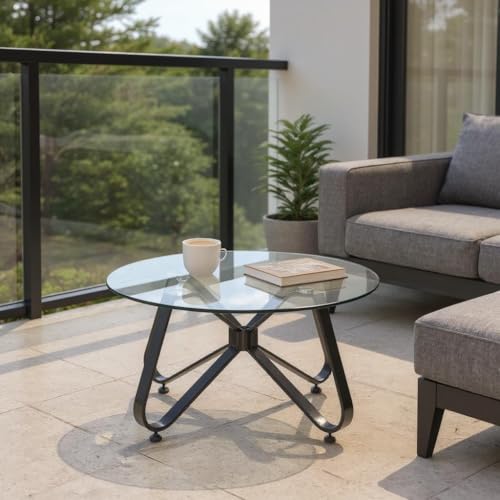 FurnitureR Garden Bistro Tables, Minimalist Round Tempered Glass Top with Smooth Rounded Edges, Metal Coffee Table for Garden/Balcony/Terrace/Bistro/Patio, 80 x 80 x 40 cm