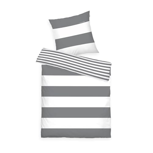 TOM TAILOR Renforce Bed Linen 80 x 80 cm + 135 x 200 cm, 100% Cotton/Renforcé, Reversible Pattern and Branded Zipper, Siena White, Grey