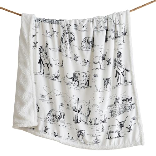 Indigo Hill by HiEnd Accents - Ranch Life Sherpa Throw Blanket, White Black Cowboy Cow Longhorn Horse Print Western Blanket for Camping Outdoor, Sherpa Fleece Blanket for Couch, Sofa, Bed, 54x68 inch