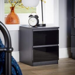 Home Source Bedside Nightstand, High Gloss Finish Bedroom Cabinet, Side Chest Lamp Table, 2 Drawer, Black