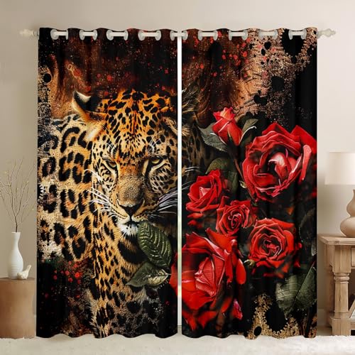 Feelyou Leopard Curtains for Bedroom Living Room Rose Cheetah Print Blackout Curtainsative Leopard Pattern Darkening Dreapes Safari Yellow Red Window Treatments (2 Panels, 38 x 54 Inch)