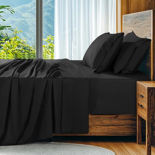 SONORO KATE 1000 Series 100% Egyptian Cotton Queen Sheets,Extra Deep Pocket - 18-24 Inch Extra Deep Pocket,Soft & Breathable,5-Star Hotel Sateen Bed Sheets,All Season,4pc,Black