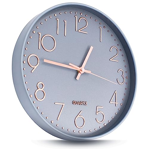 Joejis 30cm Kitchen Wall Clocks, Silent Wall Clock Non-Ticking Sweep Mechanism - Modern Quartz Design Decorative Bathroom Living Room Hallway - Grey and Rose Gold