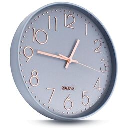 Joejis 30cm Kitchen Wall Clocks, Silent Wall Clock Non-Ticking Sweep Mechanism - Modern Quartz Design Decorative Bathroom Living Room Hallway - Grey and Rose Gold