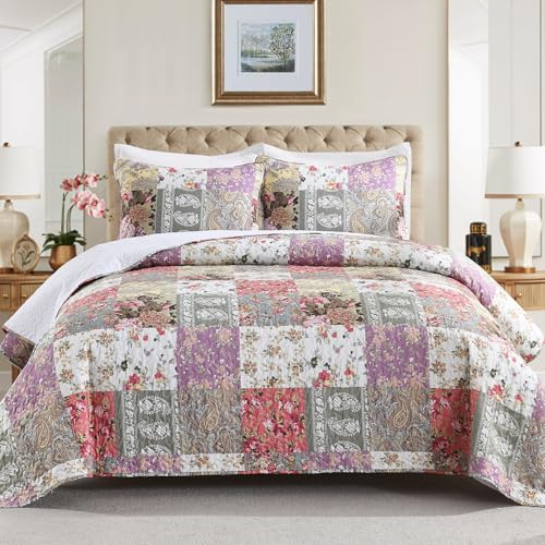 HIARUO Quilt Set Twin Size, 2 Pieces Bedspread Coverlet Plaid Patchwork Quilt Farmhouse Twin Size Comforter Set Lightweight Bedding with 1 Pillow Cover Sham for All Season Floral Red Purple