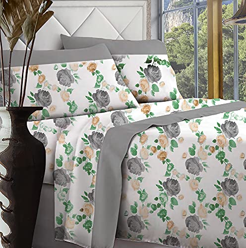 Jenny Sesal Geneva Flowers Printed Bedding Set ??? Made in Italy ??? Double ??? Single ??? Bedding Set with Pillowcases (Grey, Single)