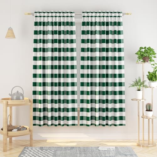 Buffalo Check Curtains 72 inches Long Cotton Basement Gingham Plaid Kitchen Window Curtain Panels Living Room Checker Drapes Bedroom Rod Pocket Window Treatment 2 Panels Dark Green and White