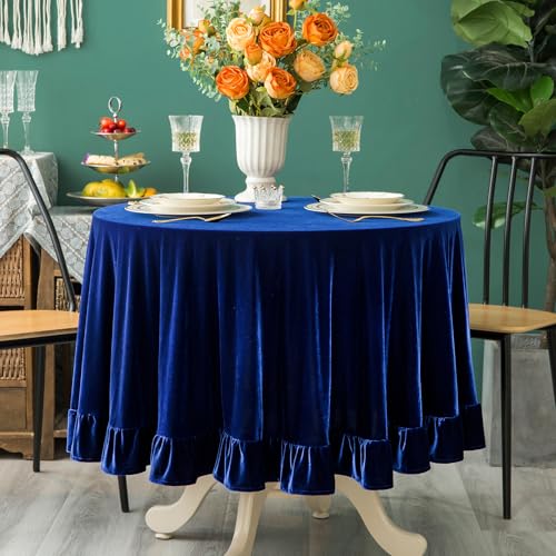 GLORY SEASON Velvet Tablecloth Luxurious Solid Round Table Cloth,Oblong Retro Farmhouse Ruffle Tablecloths Washable Table Cover for Party Wedding Baby Shower Kitchen Dinning Tabletop Decoration