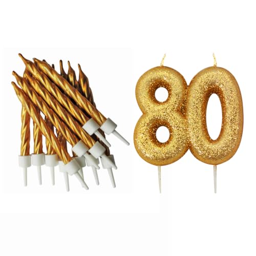 80th Birthday Gold Candle Kit, Glitter Number 80 Candle with 12 Metallic Spiral Cake Candles and Holders, Birthday Cake Decorations, Pack of 13